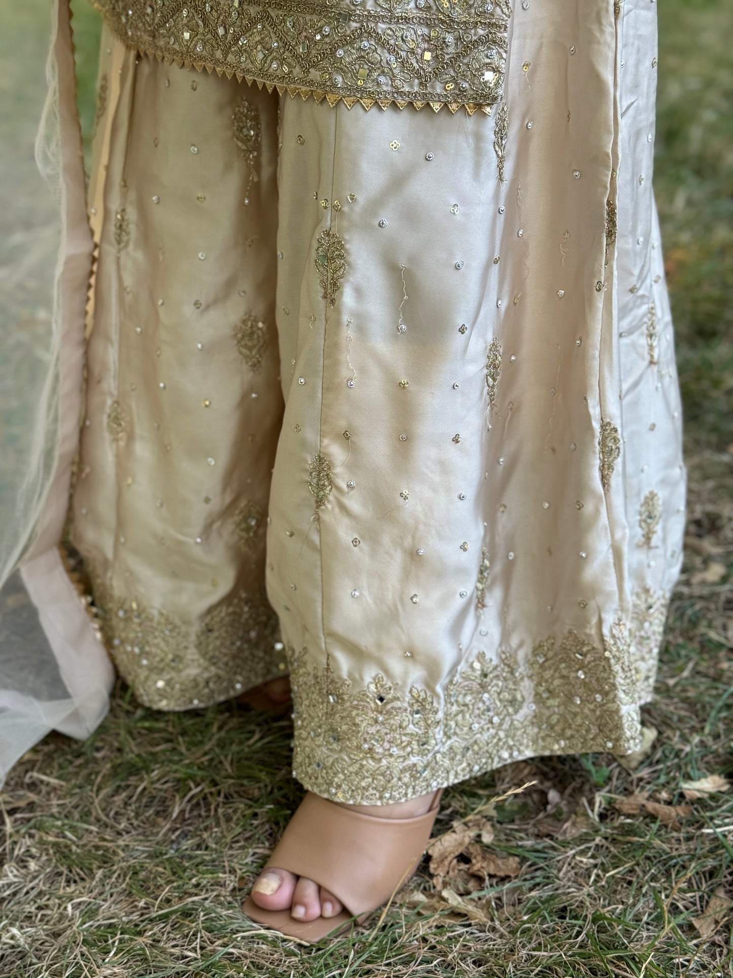 Champagne Shamois Silk Embroidered Sharara Suit