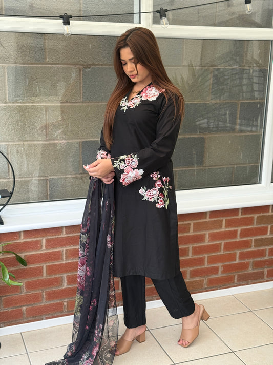 Noir Bloom - Embroidered 3 Piece