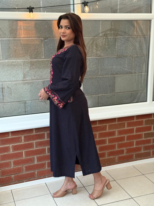 Rania Navy - Embroidered Khaddar Maxi