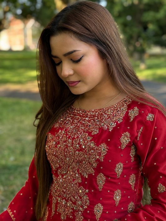 Maroon Shamois Silk Embroidered Sharara Suit*