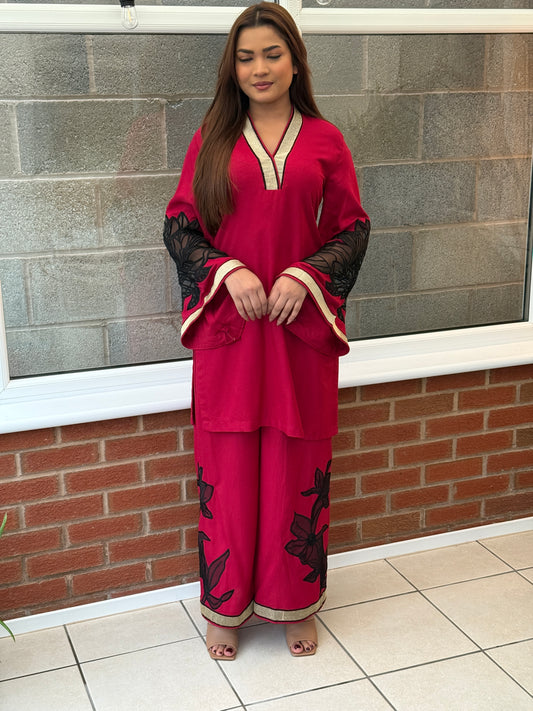 Dania - Dhanak Embroidered Co-Ord Ruby Edition