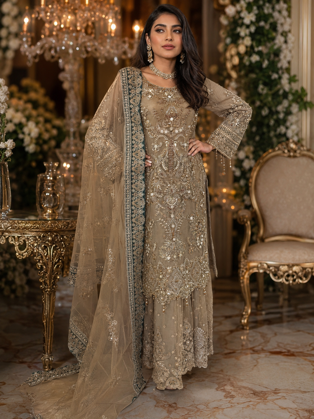 Mocha Gold Luxury Embellished Sharara Suit