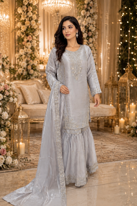 Aaliyah Silver Luxe Sheesha Silk Suit