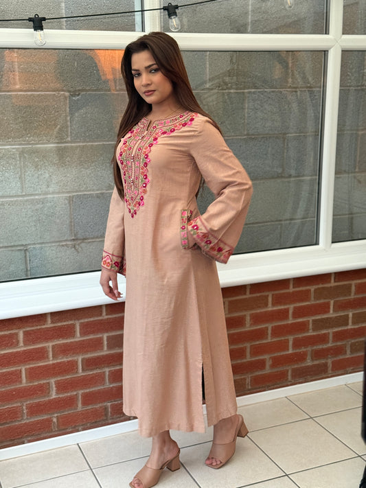 Rania Blush - Embroidered Khaddar Maxi Dress