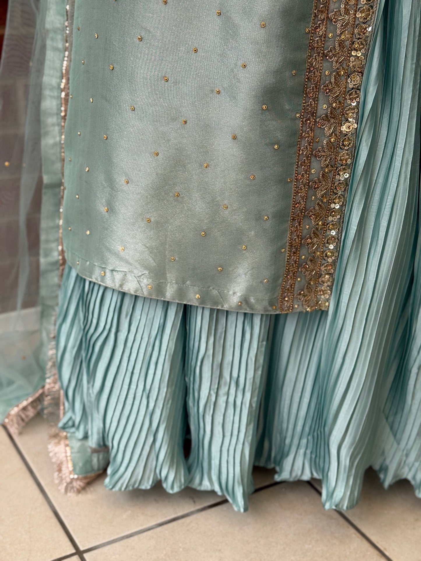 Aqua Gold Pleated Suit