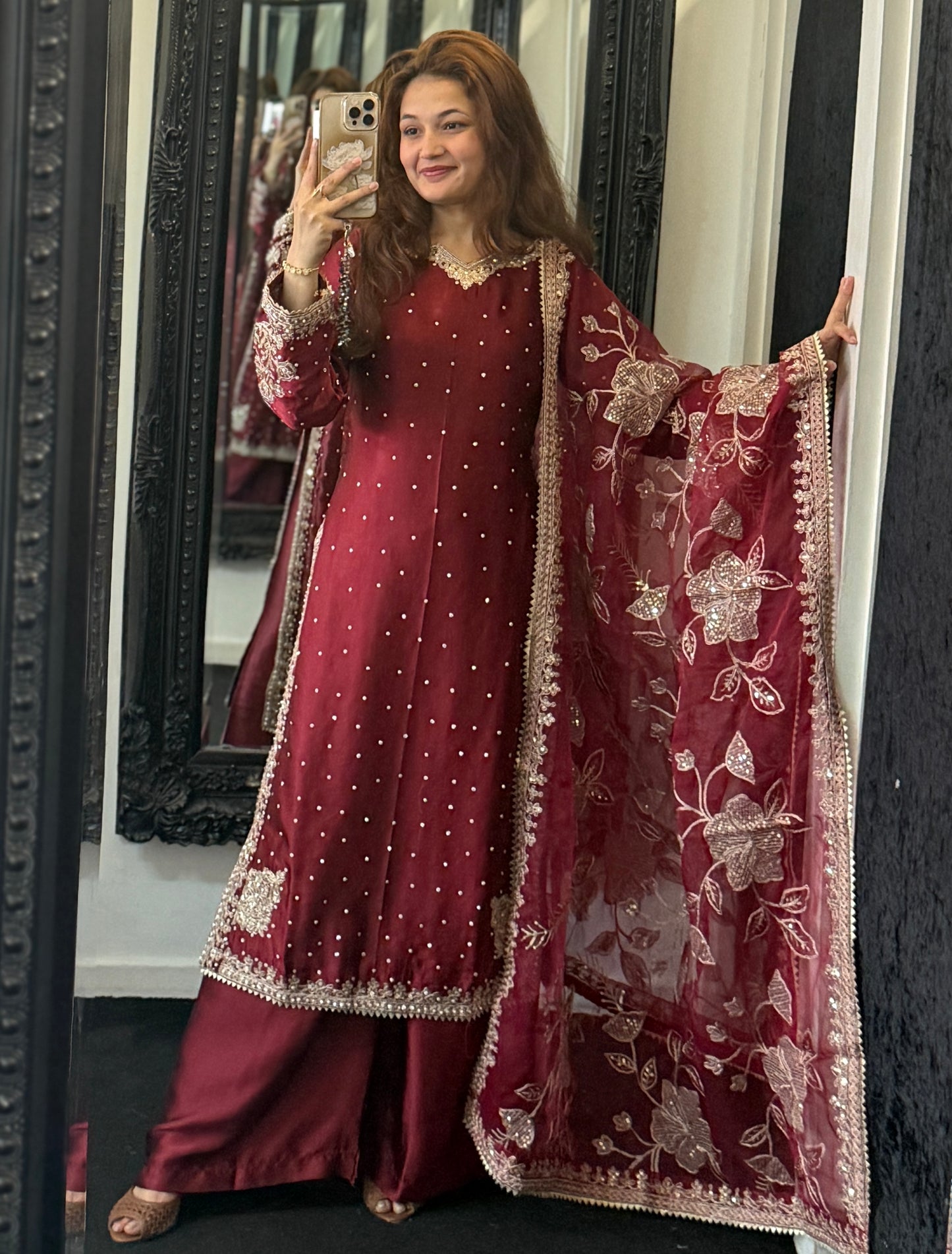 Rania Elegance Silk Suit - Maroon