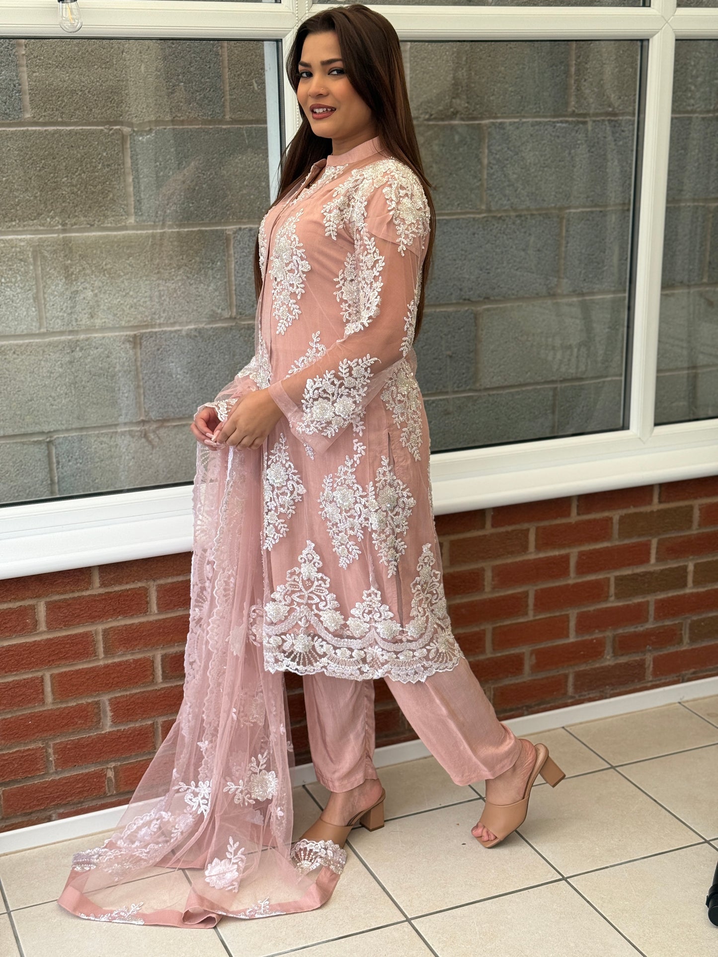 Cut Dana Beaded Jacket Suit - Dusty Pink