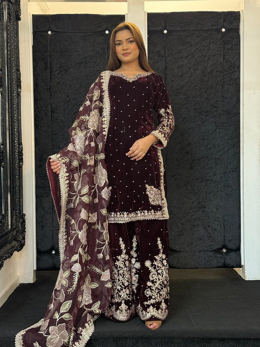 Asteria Velvet - Garnet Embellished Suit
