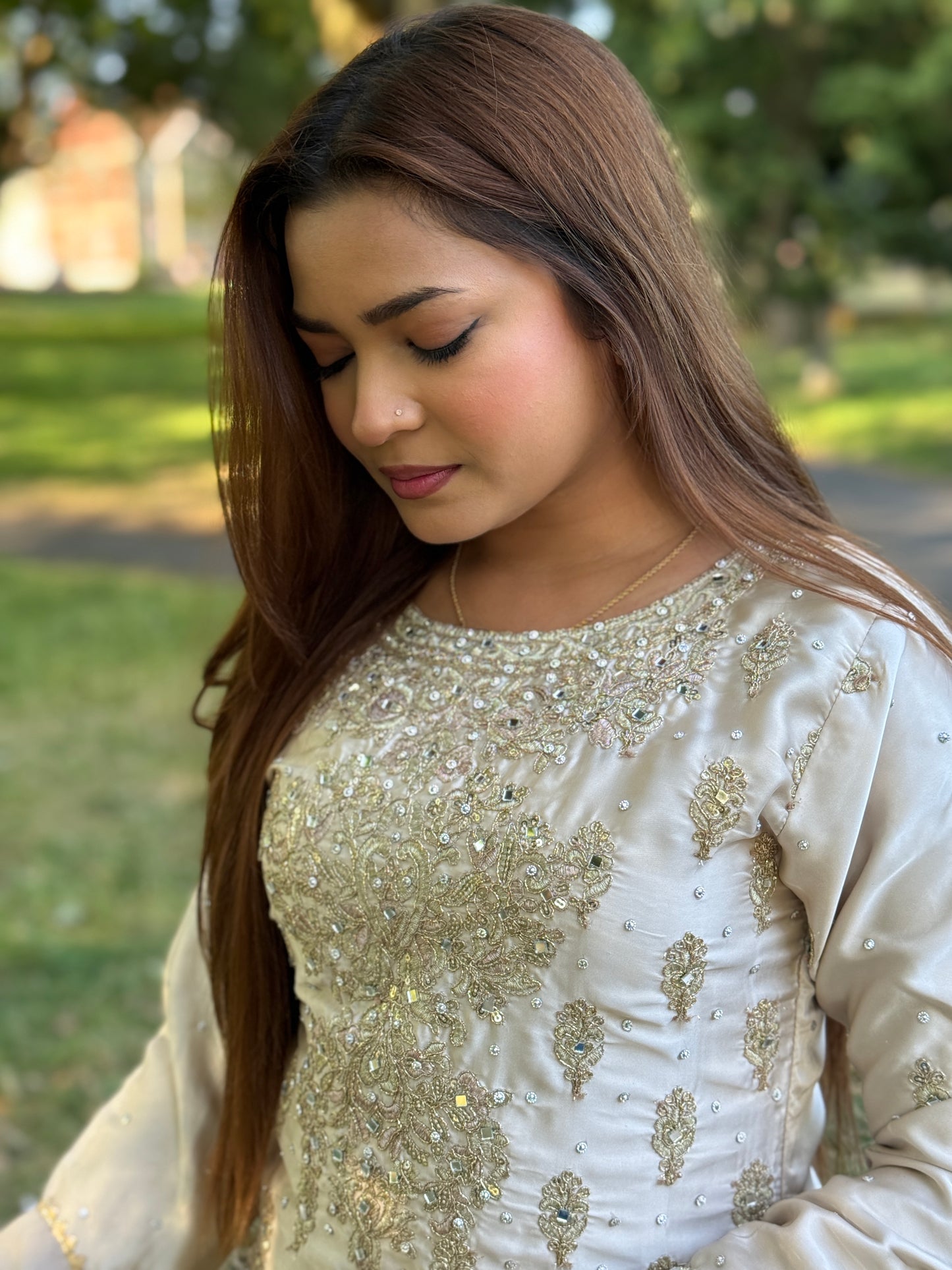 Champagne Shamois Silk Embroidered Sharara Suit