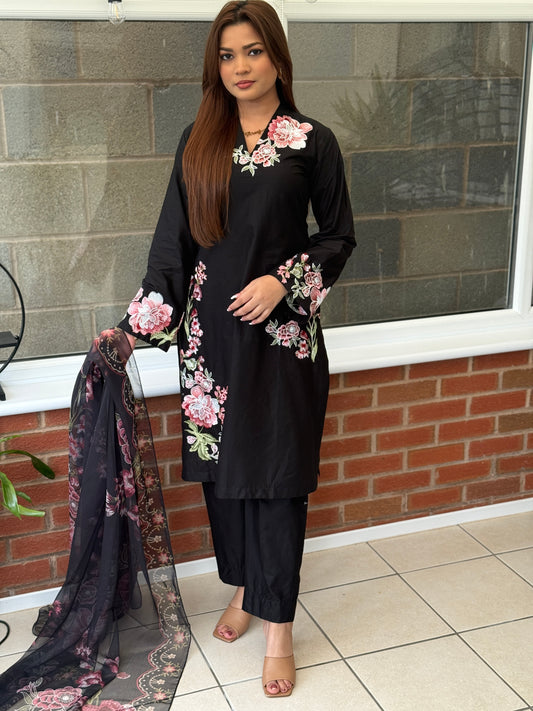 Noir Bloom  - Embroidered 3 Piece