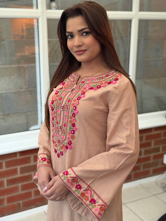 Rania Blush - Embroidered Khaddar Maxi Dress