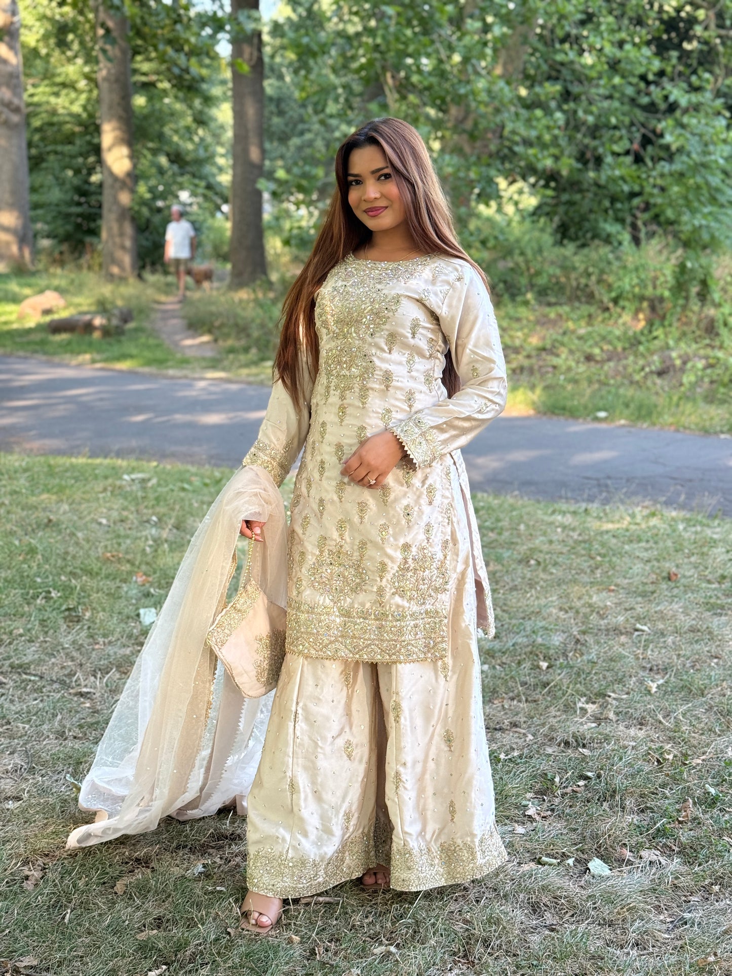 Champagne Shamois Silk Embroidered Sharara Suit