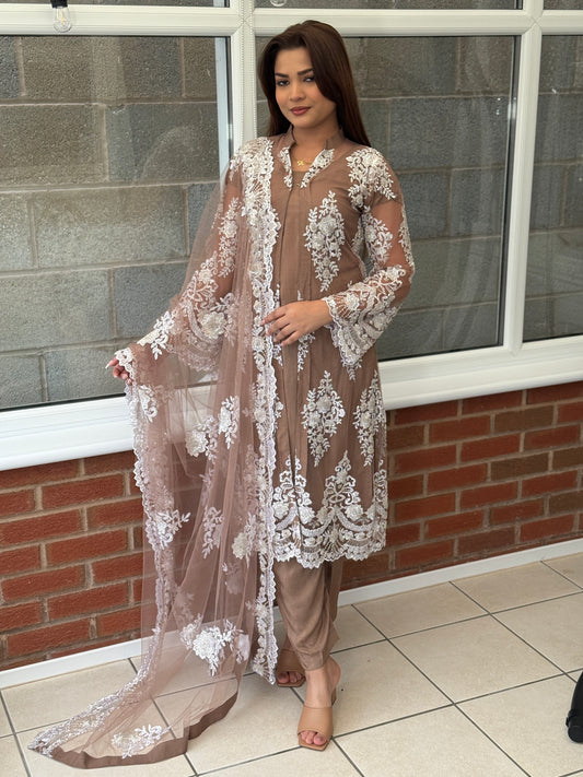 Cut Dana Beaded Jacket Suit - Soft Mocha