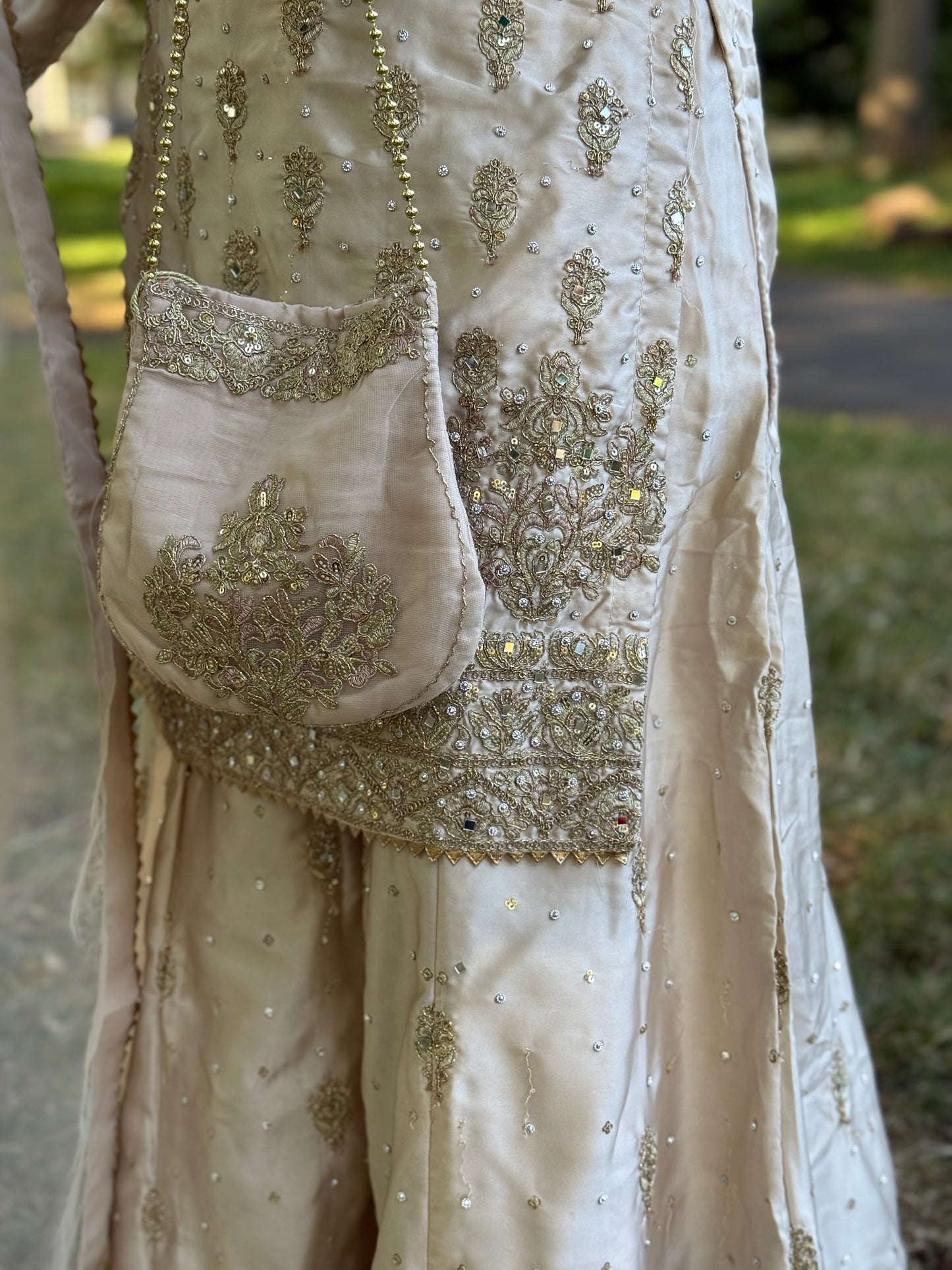 Champagne Shamois Silk Embroidered Sharara Suit