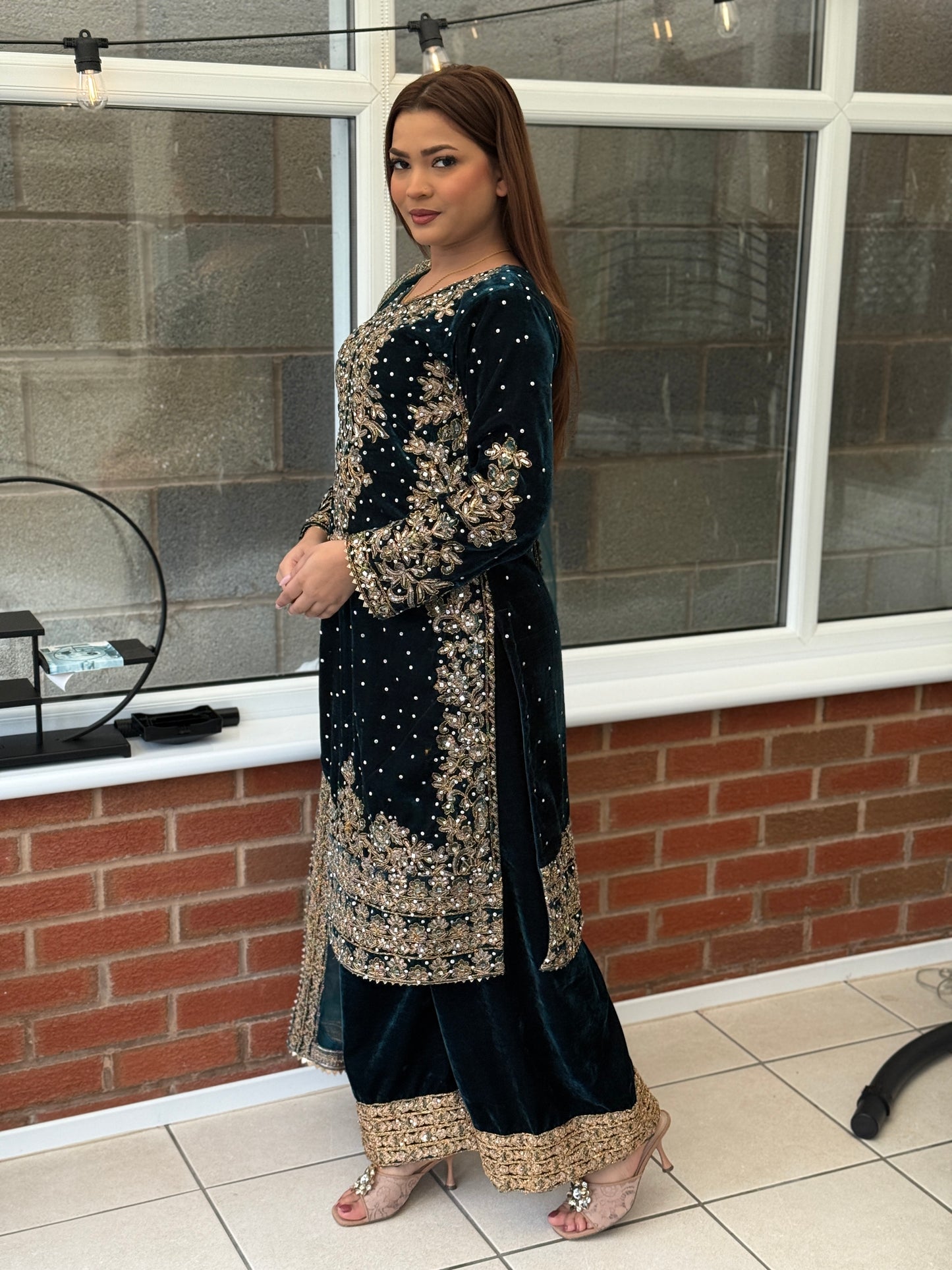 Velvet Luxe Palazzo Set with Potli Bag Teal