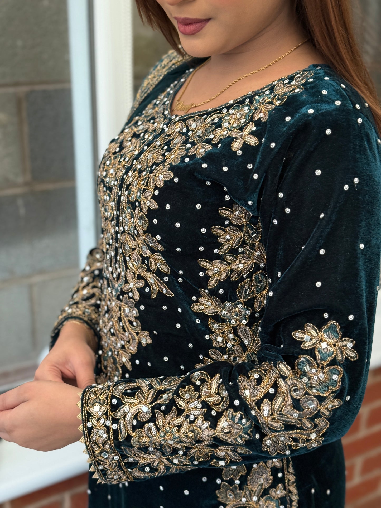 Velvet Luxe Palazzo Set with Potli Bag Teal