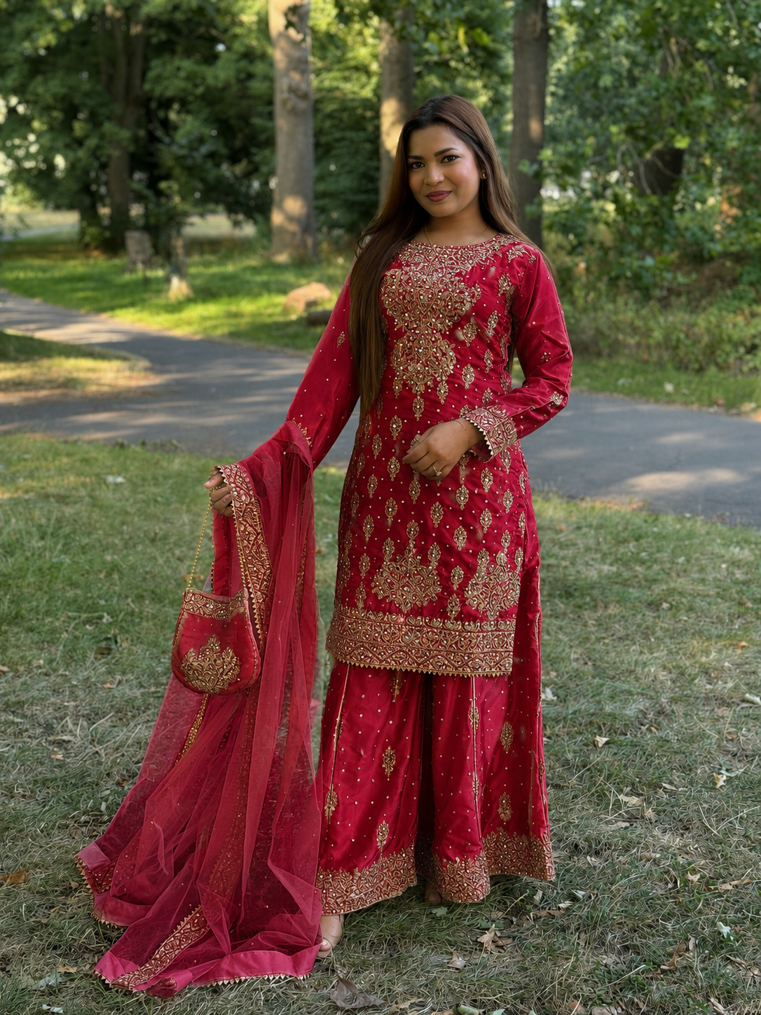 Maroon Shamois Silk Embroidered Sharara Suit