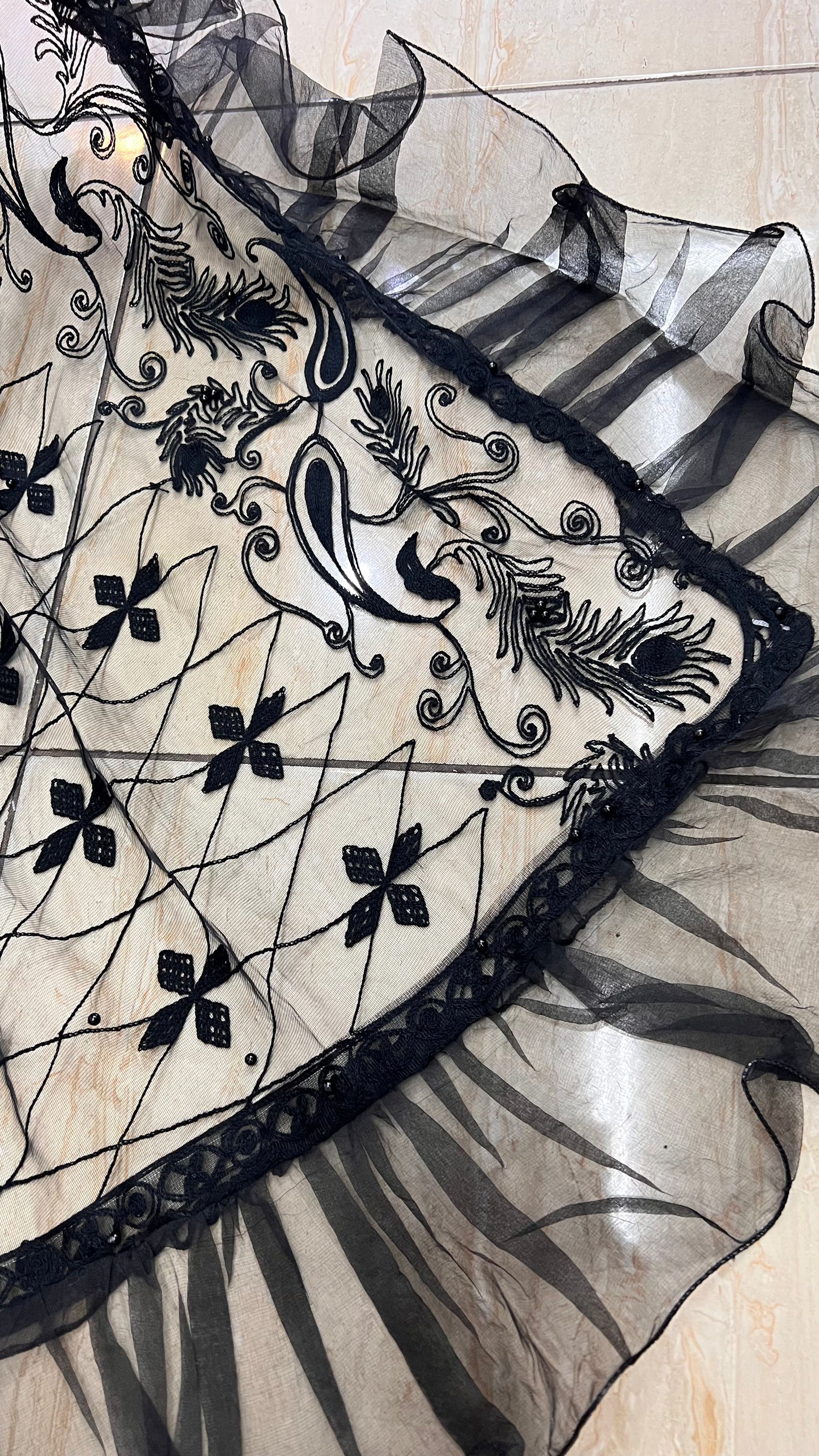 Embroidered ruffle scarf
