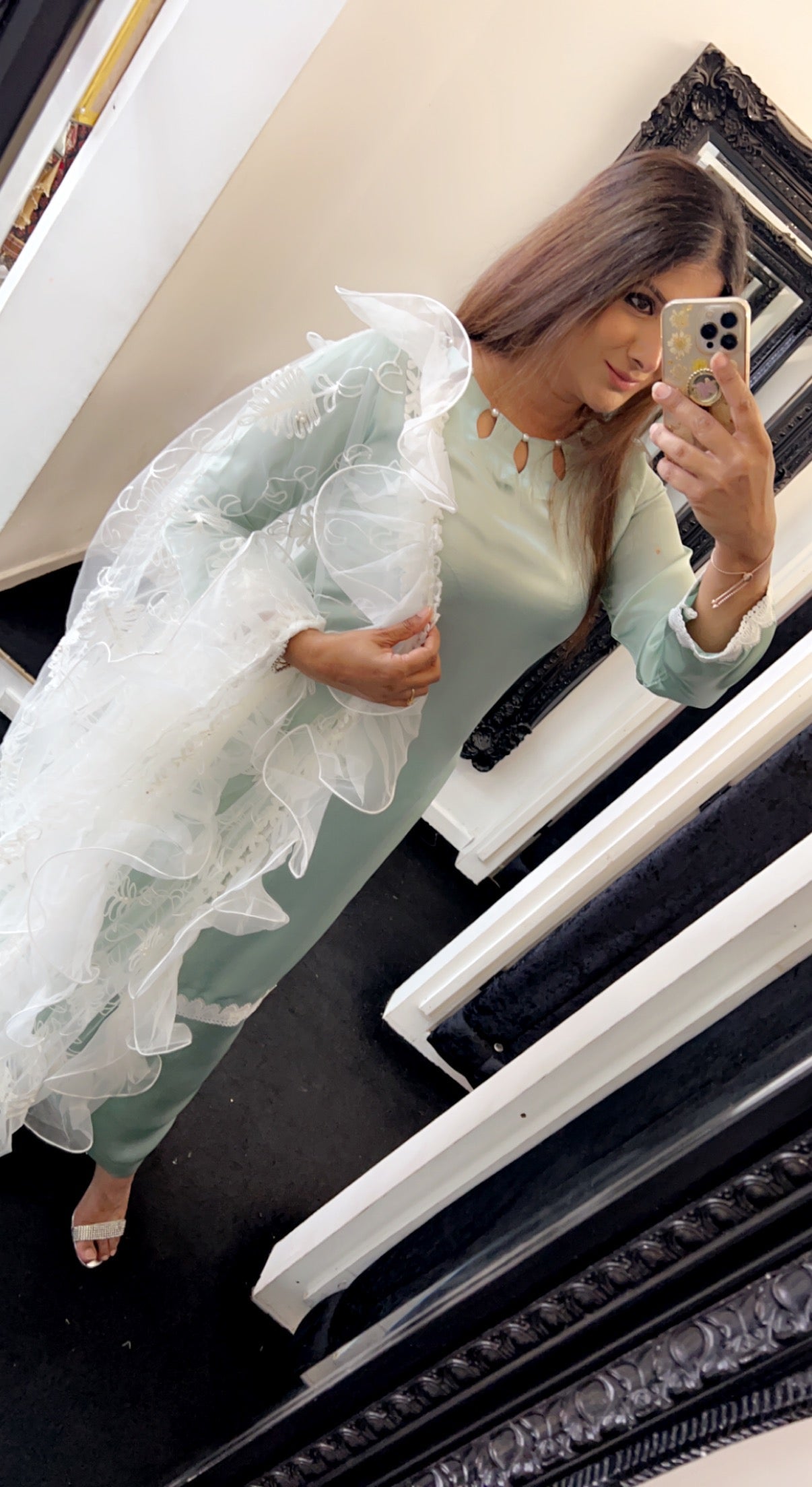 Embroidered ruffle scarf